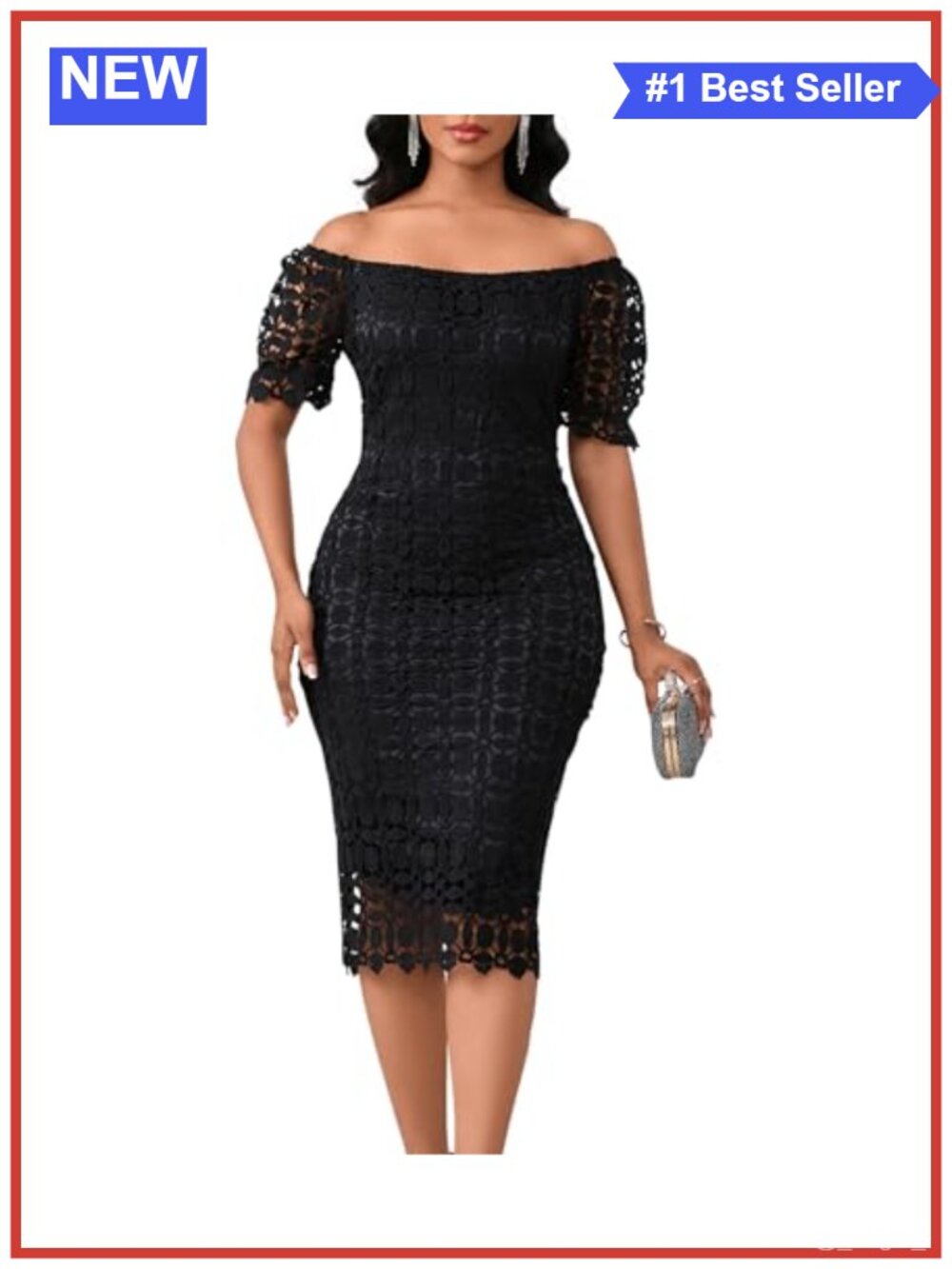 Elegant Floral Lace Short Sleeve Off Shoulder Midi Sheath Dress